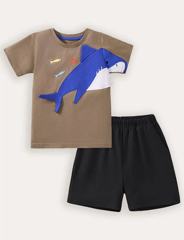 Shark Applique Short Sleeve T-Shirt and Shorts Set